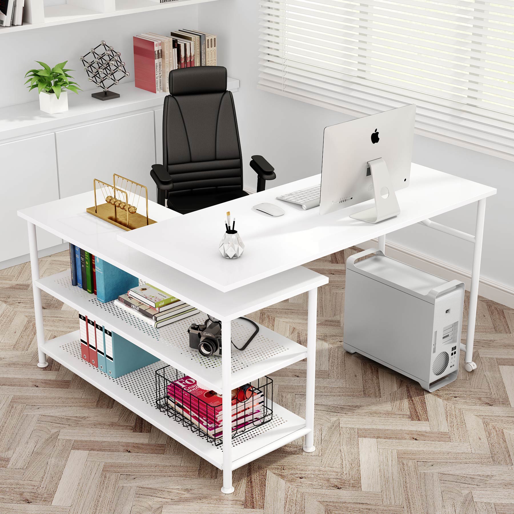 360° Rotating Desk, Modern L-Shaped Desk with Storage Shelves