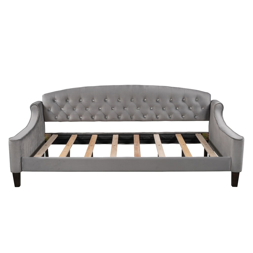 Modern Luxury Twin Size Tufted Button Daybed Wooden Platform Bed Frame  Comfy Upholstered Sofa w/ Solid Wood Slats Support