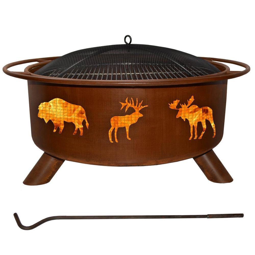 Wildlife 29 in. x 18 in. Round Steel Wood Burning Fire Pit in Rust with Grill Poker Spark Screen and Cover F106