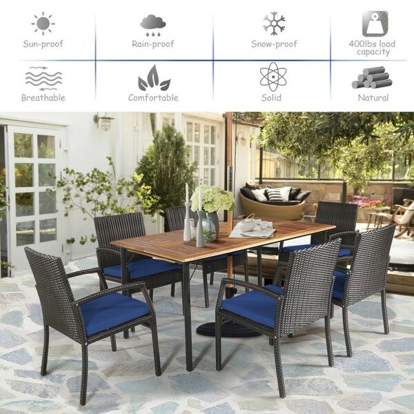 7Pcs Patio Rattan Cushioned Dining Set with Umbrella Hole