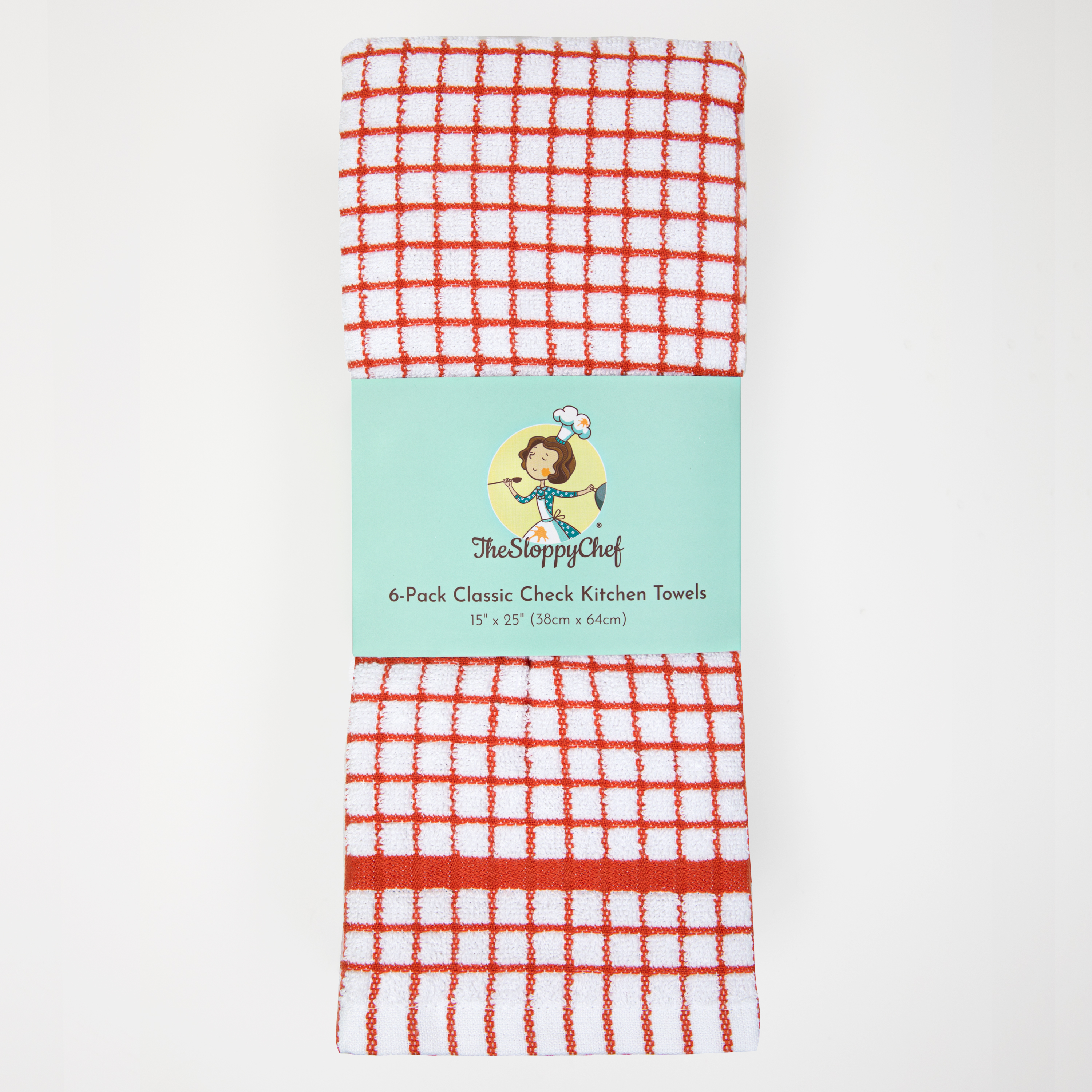 Arkwright Classic Windowpane Kitchen Towel 6-Pack， Cotton， 15x25 in.，  Cinnamon Red and White Checkered Pattern