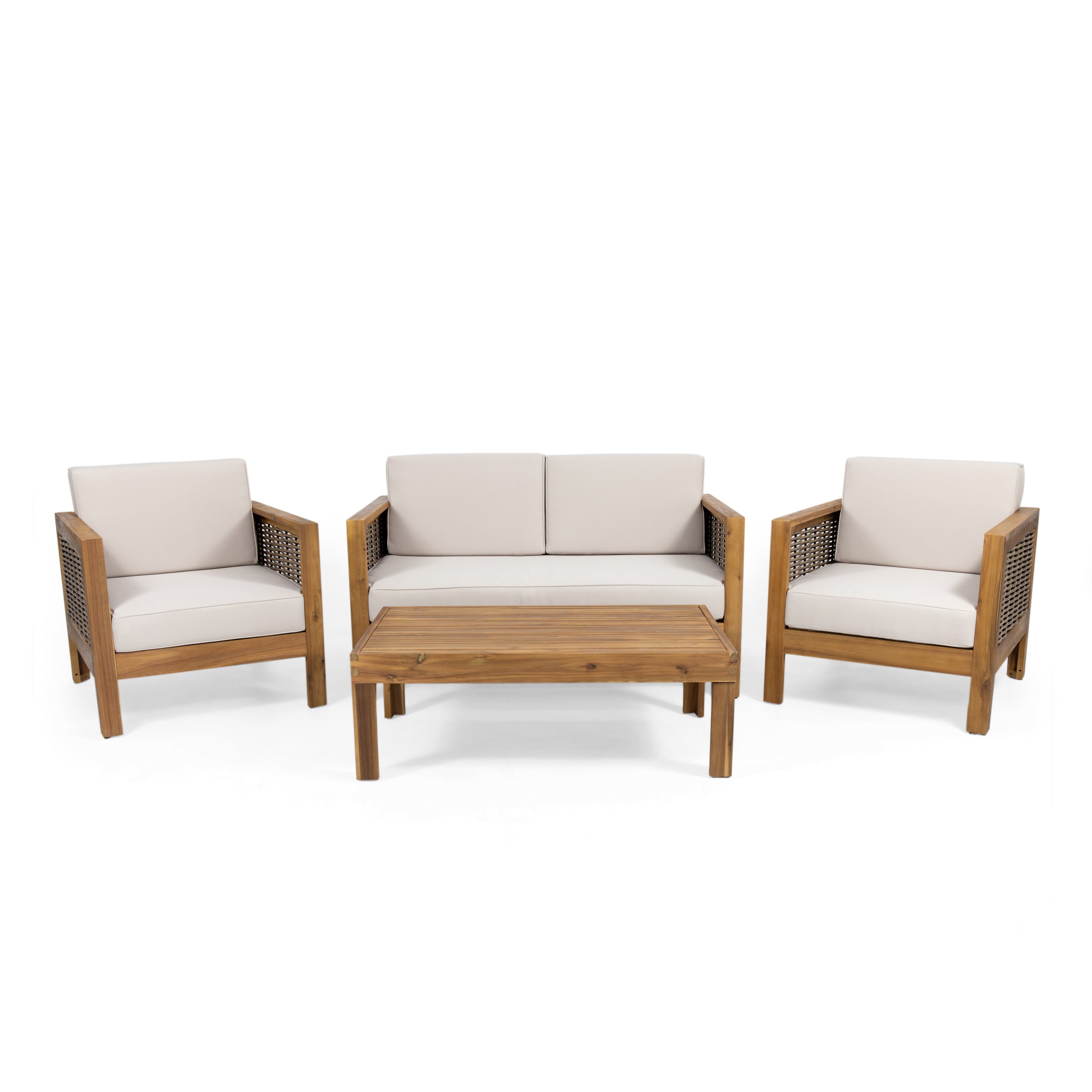 Mayes Outdoor 4 Seater Acacia Wood Chat Set with Wicker Accents