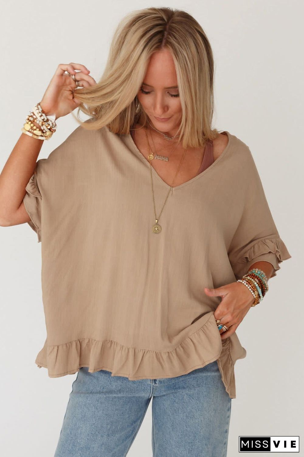 Light French Beige Loose Ruffled V Neck Blouse