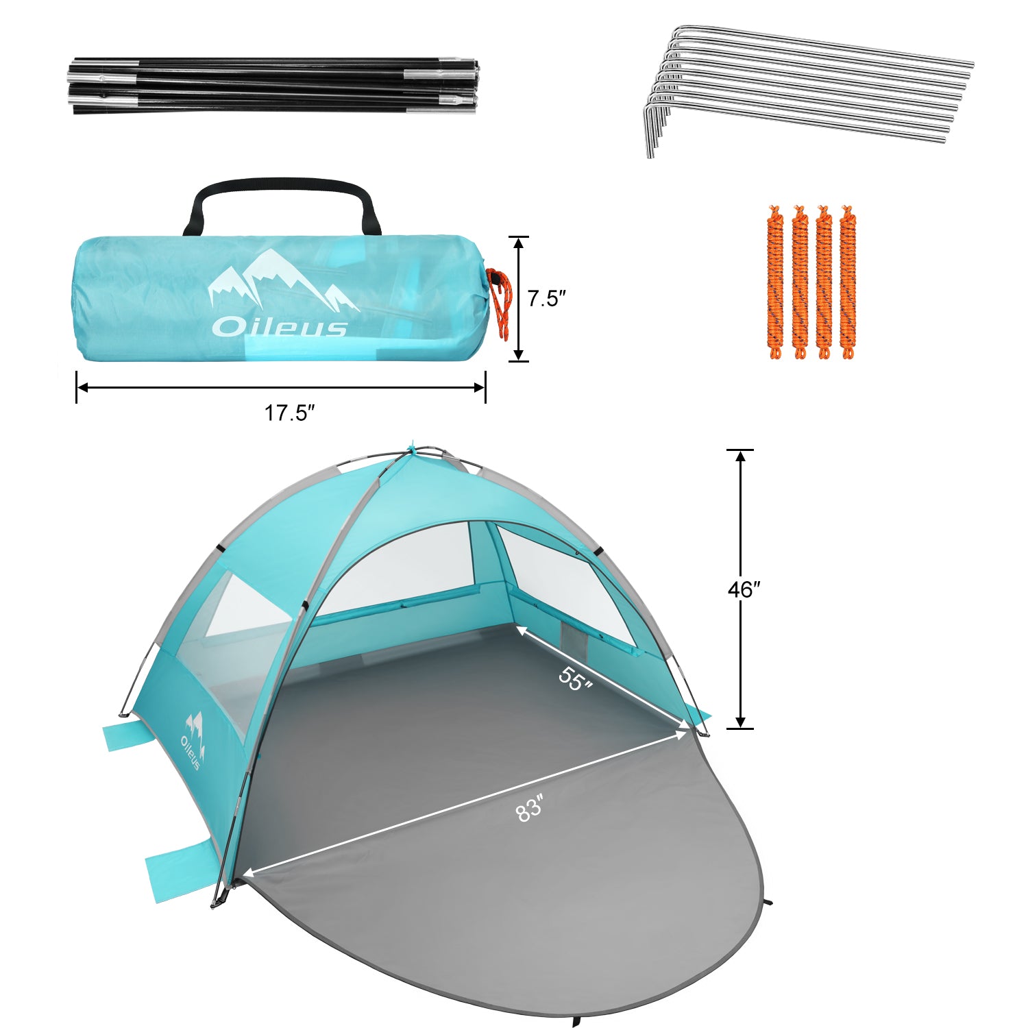 Oileus Beach Tent 2-3 Person Portable Sun Shade Shelter UV Protection， Extended Floor Ventilating Mesh Roll Up Windows Carrying Bag Stakes 6 Sand Pockets Fishing Hiking Camping， Sky Blue