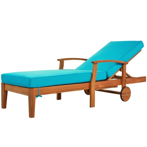 2 Piece Outdoor Solid Wood Chaise Lounge with Cushion， Wheels and Sliding Cup Table