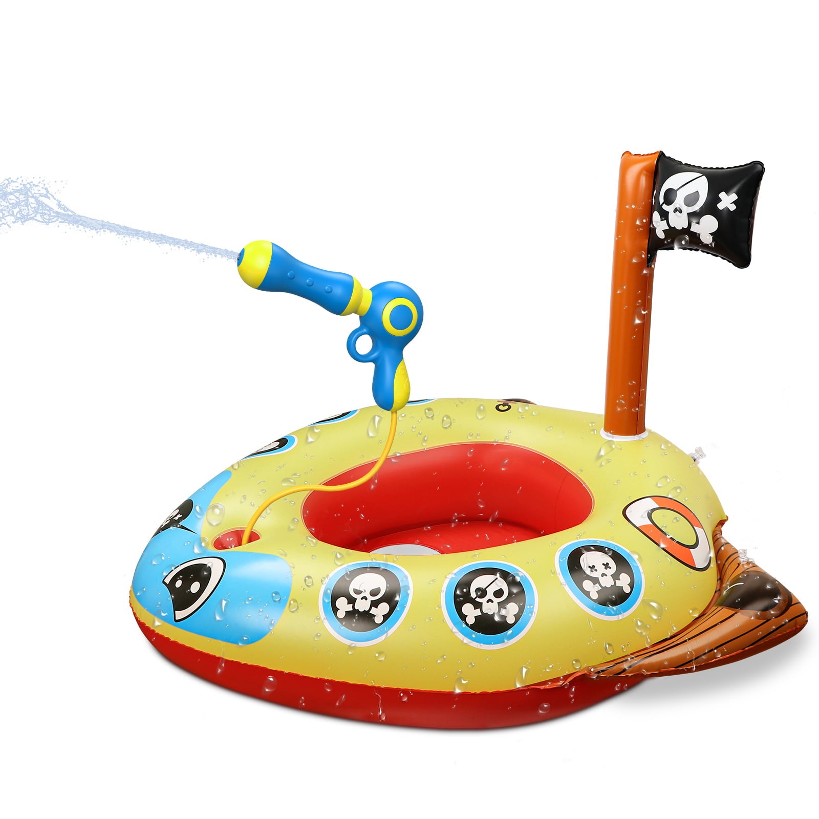 HopeRock Inflatable Pirate Boat Pool Float for Kids with Built-in Squirt Gun, Inflatable Ride-on for Kids Aged 3-8 Years