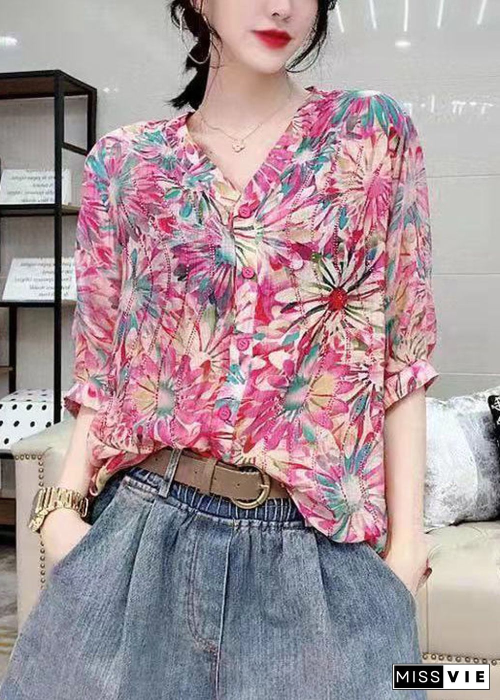 Women Green V Neck Button Diamonds Print Chiffon Shirt Top Short Sleeve