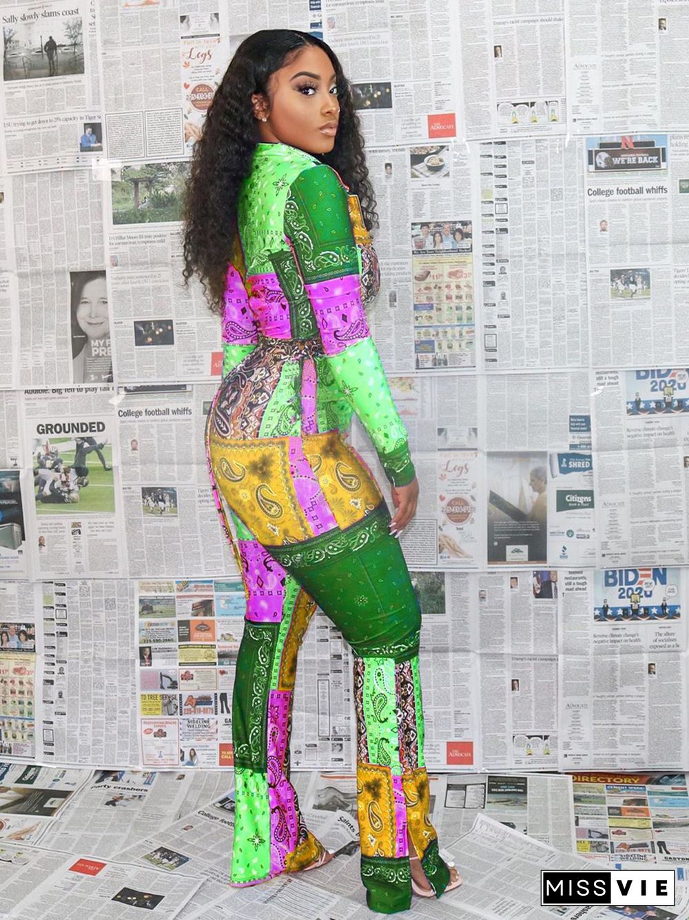 Paisley Printed Casual Long Sleeve Bodycon Jumpsuits