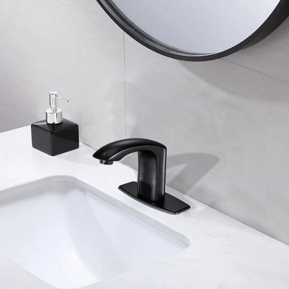 cadeninc DC Powered Commercial Touchless Single Hole Bathroom Sink Faucet with Deck Plate and Pop Up Drain in Oil Rubbed Bronze BWE-LQW1-617