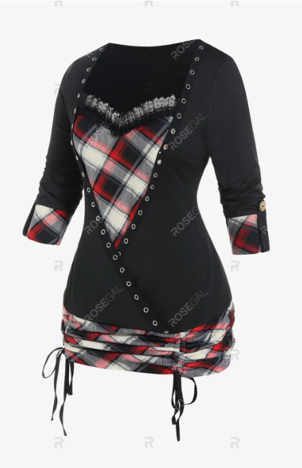 Plus Size Grommets 2 in 1 Plaid Cinched Plaid T-shirt and Ripped Jeans Outfit