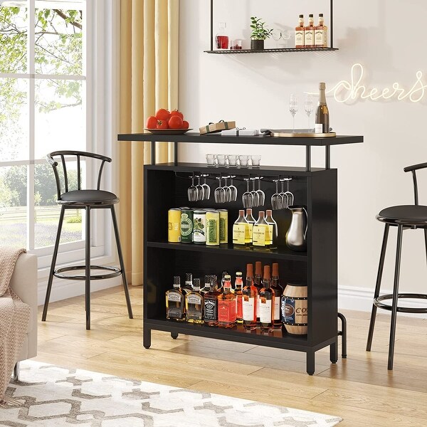 3-Tier Bar Table Bar Unit Liquor Cabinet with Stemware Rack