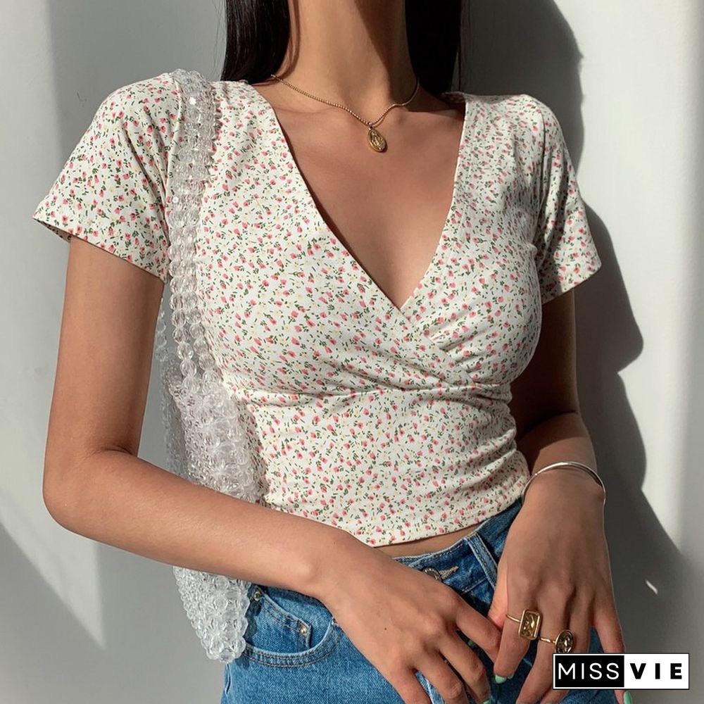 Y2K Vintage Floral Cross Crop Top T-Shirt Women Cropped Slim Short Sleeve V Neck Sexy Summer Clothes Tee Shirt Femme Woman Tops