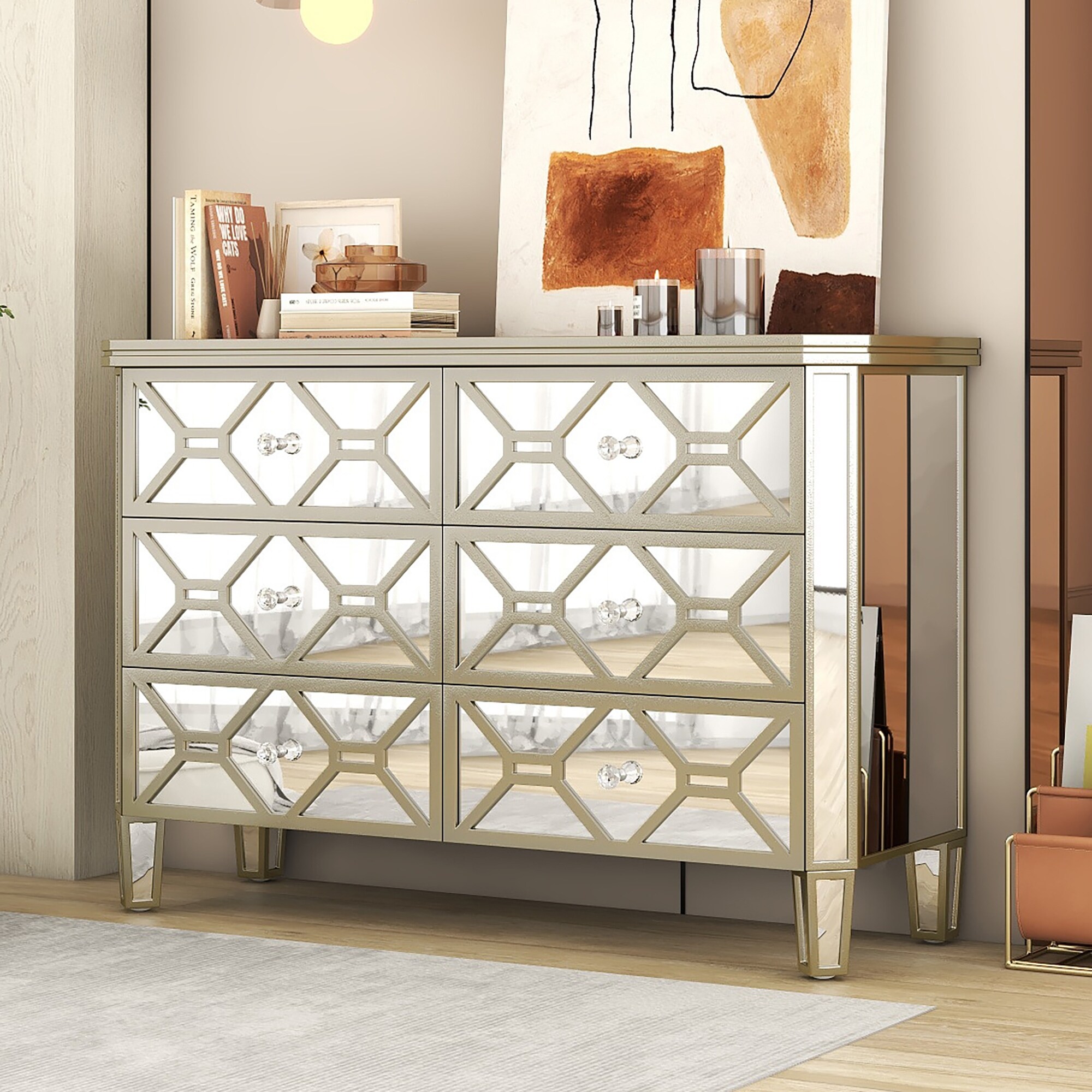 Elegant Mirrored 6-Drawer Dresser with Golden Lines Storage Cabinet - - 37857287