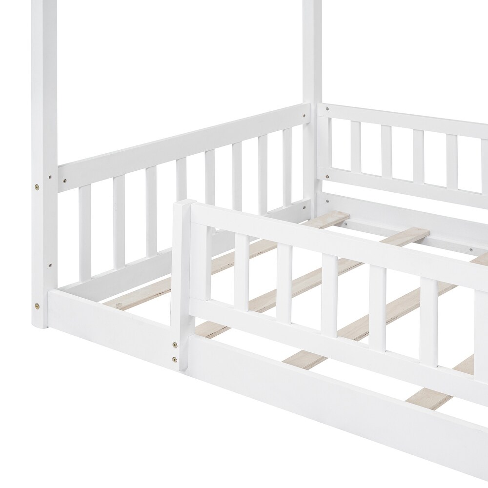 Twin Size House Bed for Kids  Floor Bed with Safety Guardrail  Wooden Daybed Frame with Roof   Slats Support for Boys or Girls