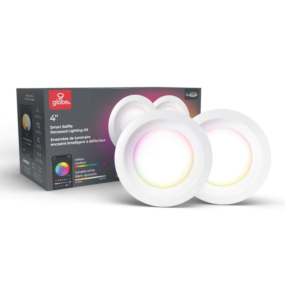 Globe Electric Wi-Fi Smart 4 in. Slim Baffle LED Recessed Lighting Kit 2-Pack Multi-Color Changing RGB Tunable White Wet Rated 50284