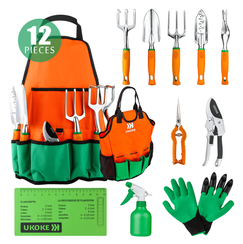 Ukoke 12 Piece Aluminum Garden Tools Set, Gardening Apron with Storage Pocket