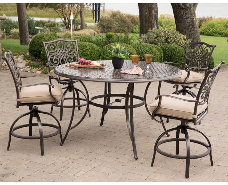 Hanover Traditions 5-Piece Outdoor Dining Set In Tan/Cast With 4 Counter Height Swivel Rockers， 56 Round Cast-Top Table