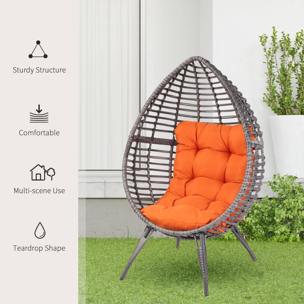 Outsunny Wicker Outdoor Lounge Chair with Orange Cushion Teardrop Chair Poolside Patio Seat 867-047OG