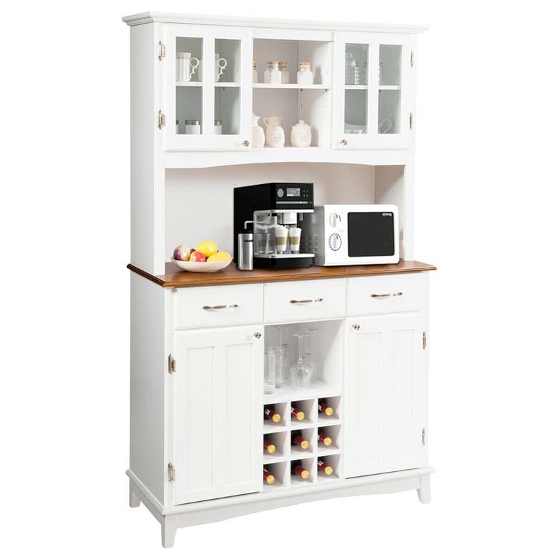 Wood Buffet Hutch Cabinet Kitchen Hutch Sideboard Kitchenware Server with 3 Large Drawers & 9 Wine Grids