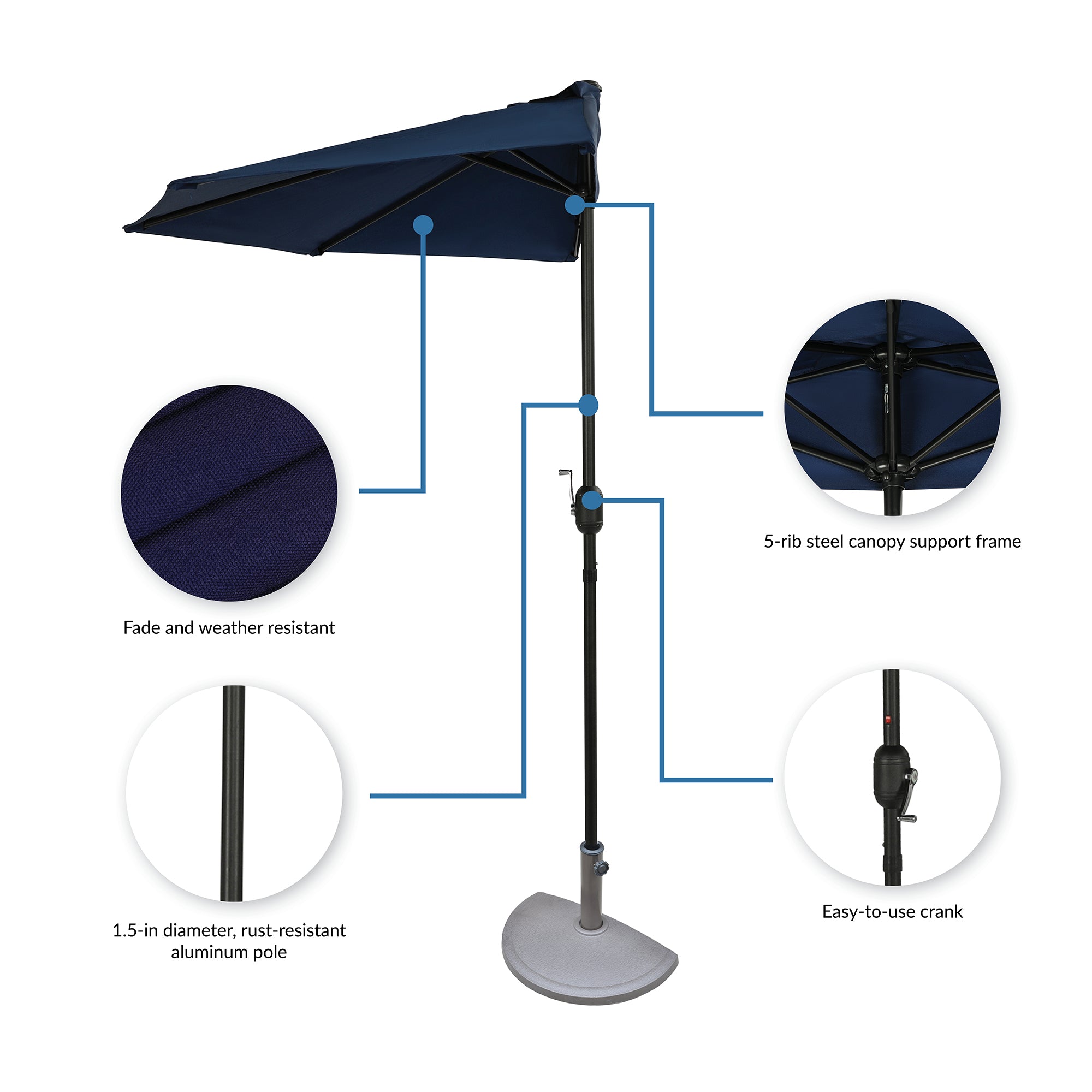 Lanai 9-ft Half Umbrella - Navy Blue - Polyester Canopy