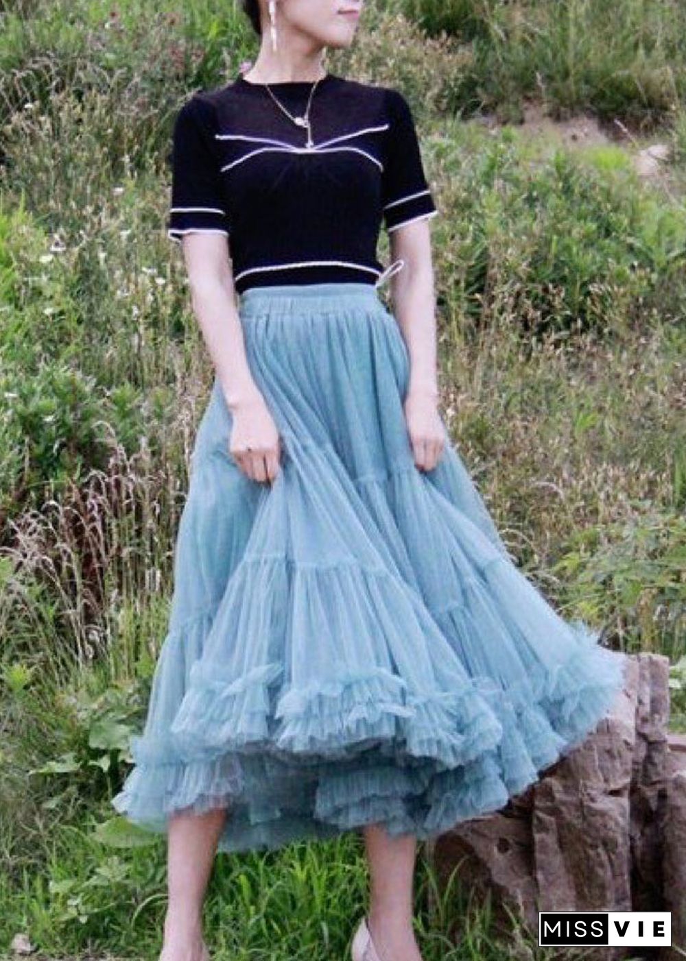 Fashion Blue Patchwork Circle Cute pleated dress Fall Skirt