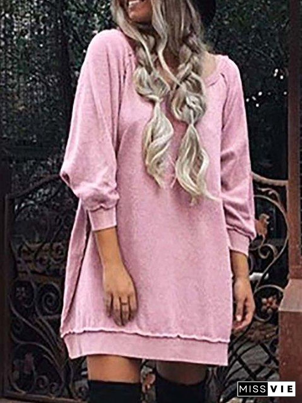 Cowl Neck Shift Women Daily Long Sleeve Casual Solid Fall Dress