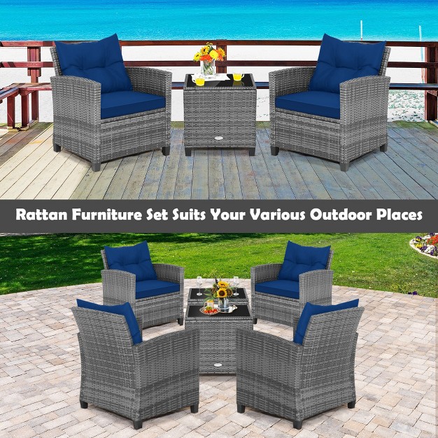 Costway 3pcs Patio Rattan Furniture Bistro Set Cushioned Sofas Side Table Armrest