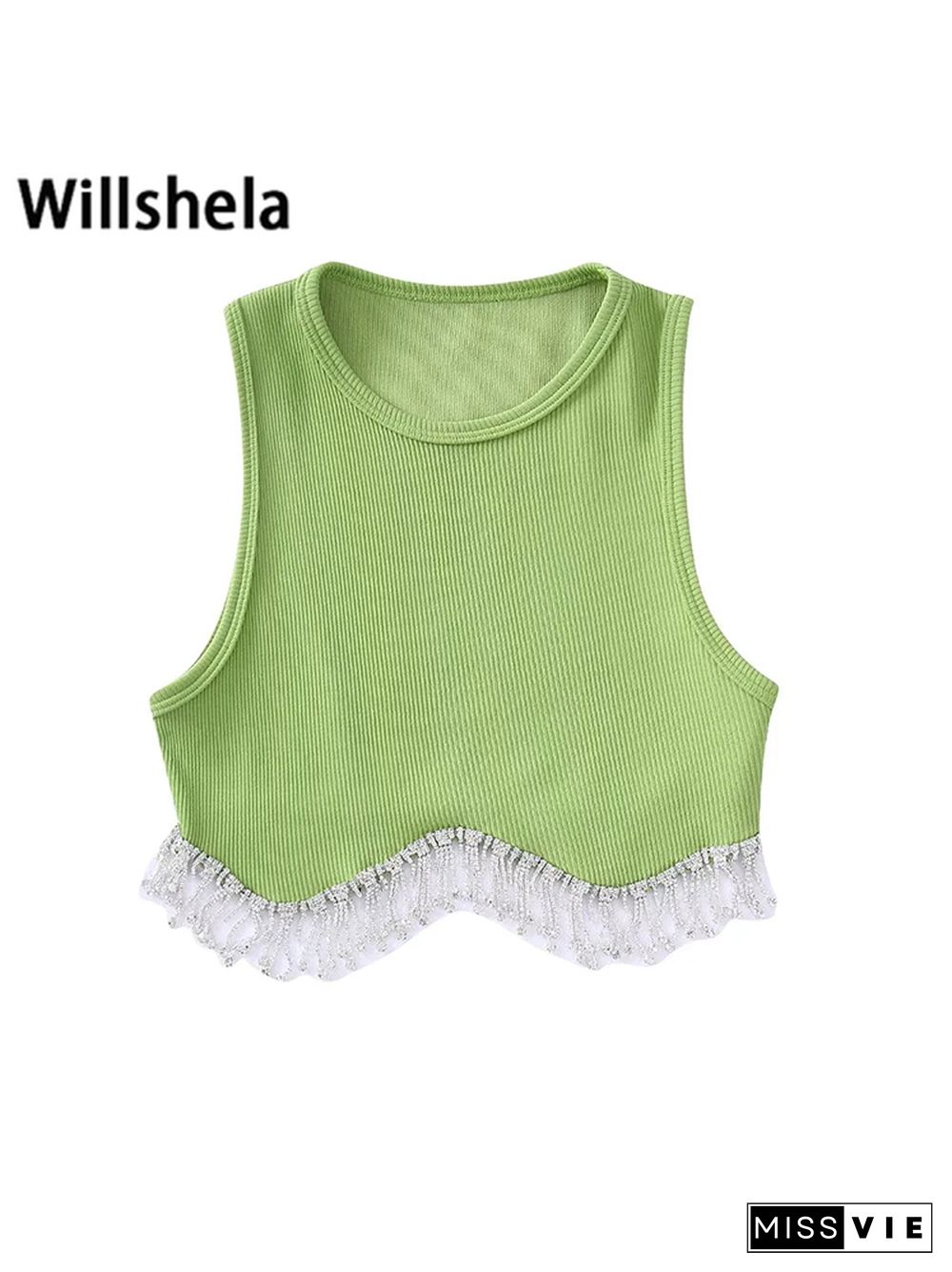 Women Fashion Camis With Beading Hem Cropped Sleeveless Vest Vintage O Neck Female Chic Lady Crop Tank Tops