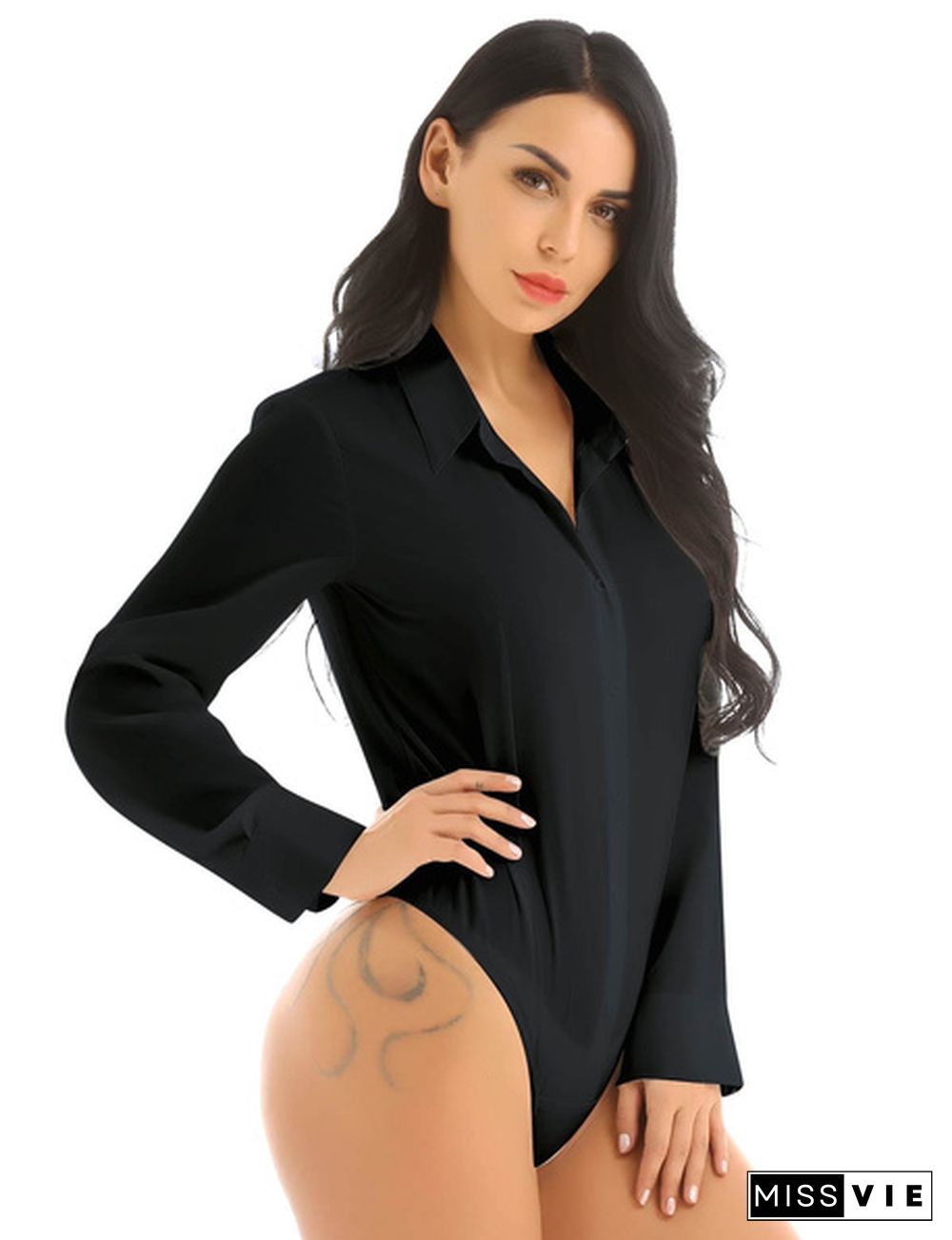 Sexy Women Bodycon Bodysuit Turn-down Collar Slim Soild Color Jumpsuit Romper Leotard Top T-shirt