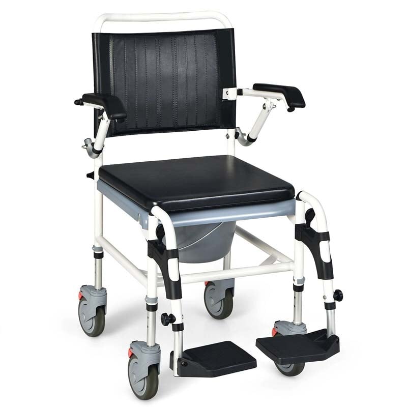 4-in-1 Bedside Commode Chair Shower Wheelchair with Detachable Bucket, Padded Mobile Toilet Chair