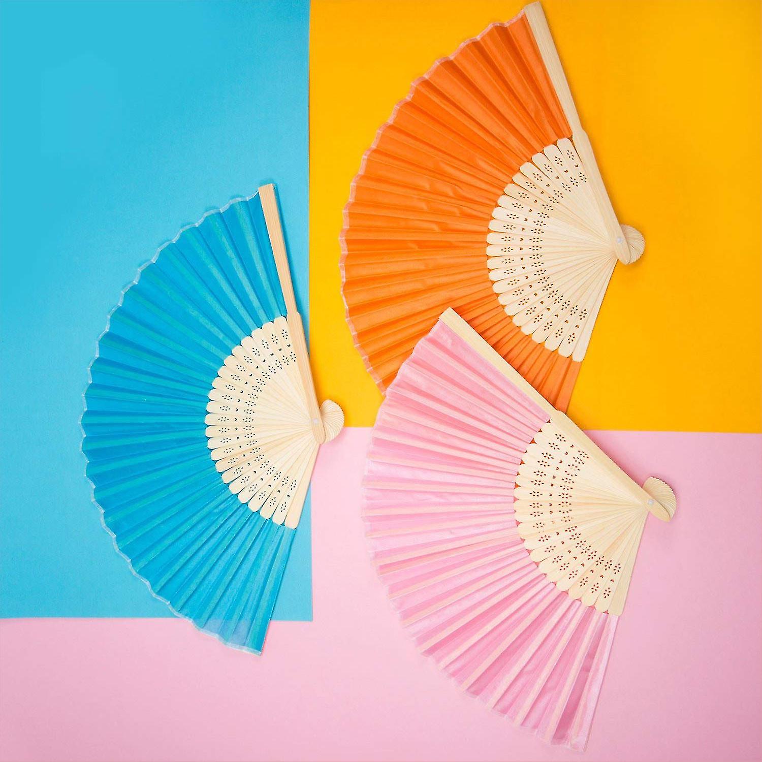 12 Pack Hand Held Fans Silk Bamboo Folding Fans Handheld Folded Fan For Church Wedding Gift， Party Favors， Diy Decoration