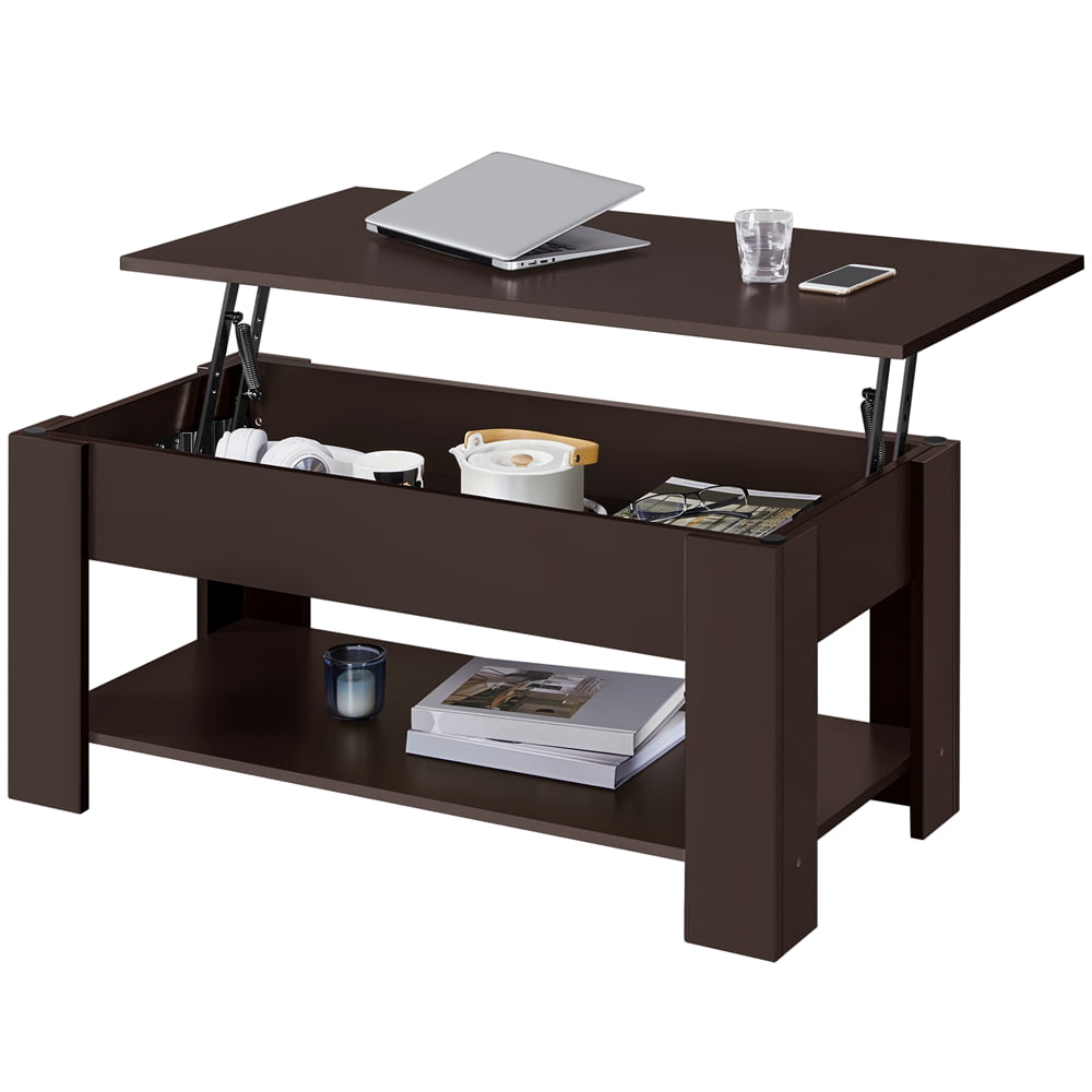 SMILE MART Lift Top Rectangular Wood Coffee Table with Hidden Compartment and Storage, Brown