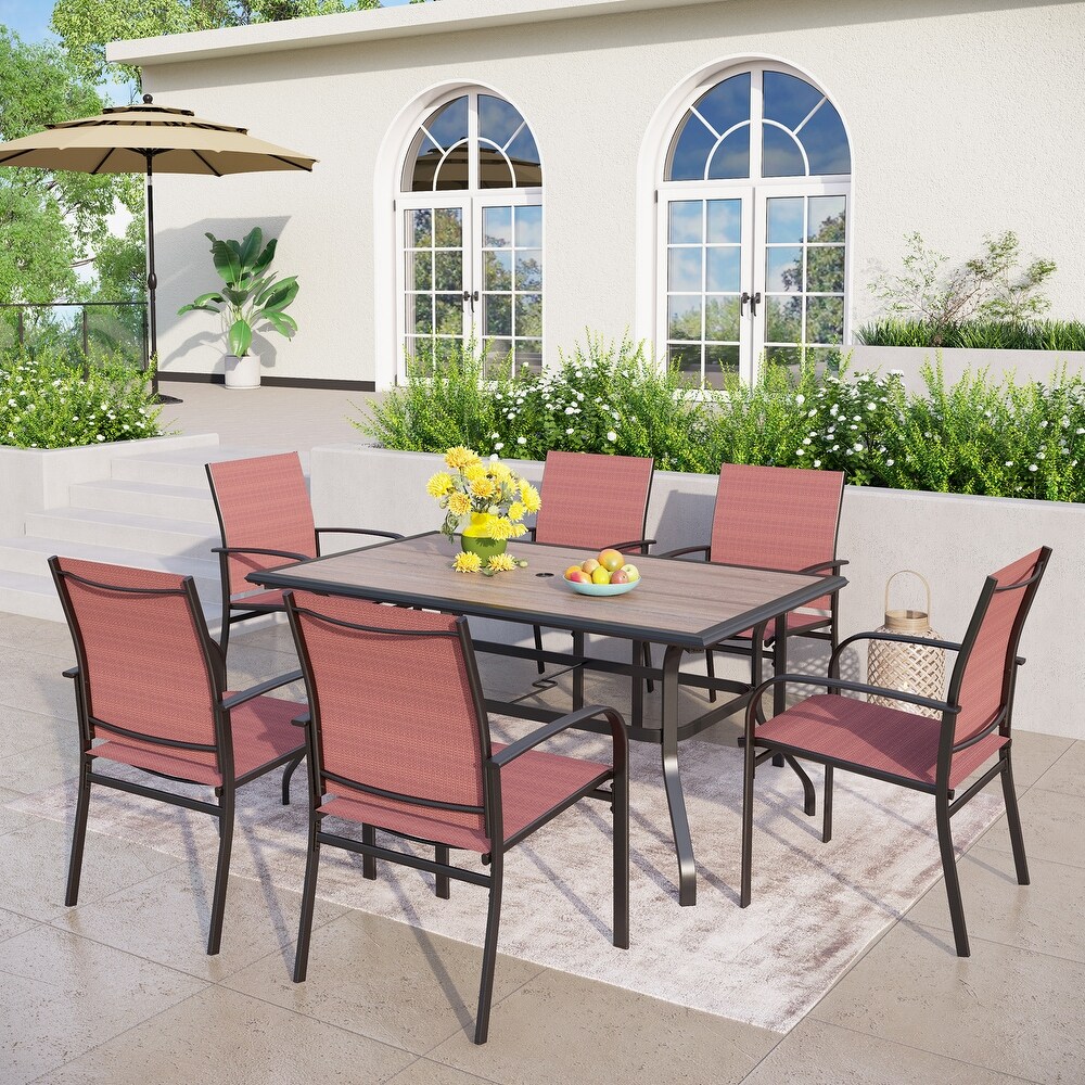 7 Piece Patio Dining Set Wood look Rectangle Table and 6 Textilene Chairs