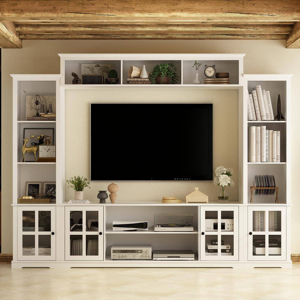 FUFUGAGA White Wooden TV Stand Fits TV's up to 75 in. with Open Shelves and Tempered Glass Door Cabinet LBB-KF020341-01+02