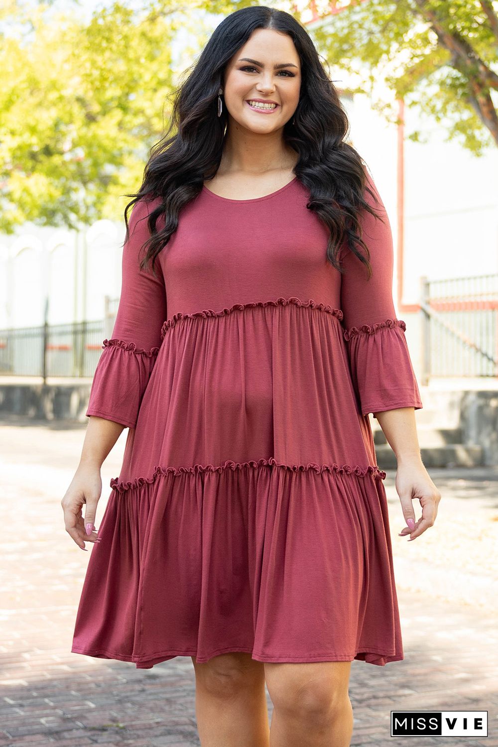 Red Tiered Ruffled 3/4 Sleeve Plus Size Dress