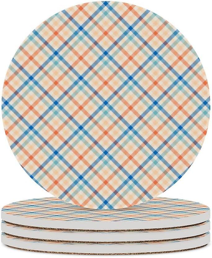 2pcs Round Orange Blue Tartan Plaid Ceramic Coasters With Cork-backed For Coffee Drink Cup Mat Absorbent Stone Coasters