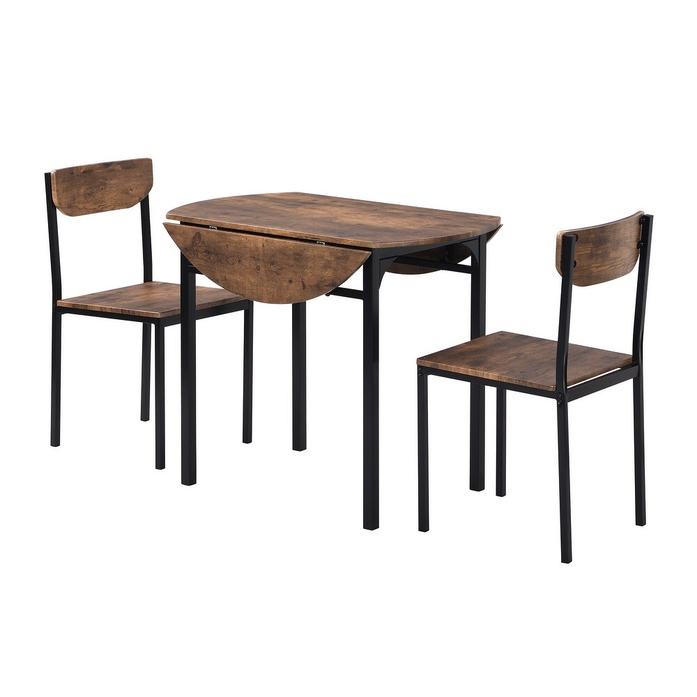 3 Piece Round Dining Table Set with Drop Leaf and 2 Chairs for Small Places  Black Frame   Rustic Brown Finish