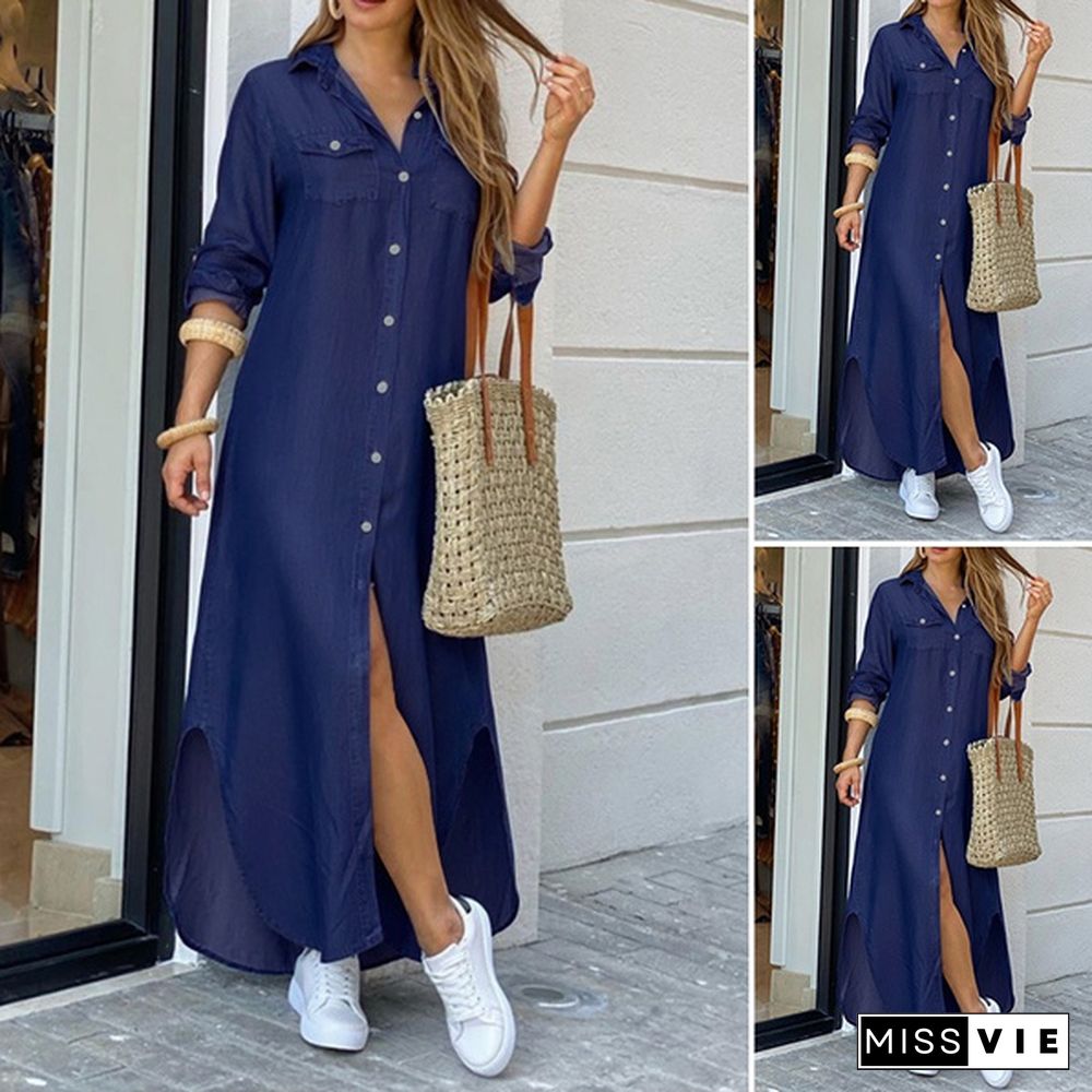 Damen Lässig Kleid Shirtkleid Denim Jeanskleid Plus Knopf Longshirt Dress Long Maxi Dress