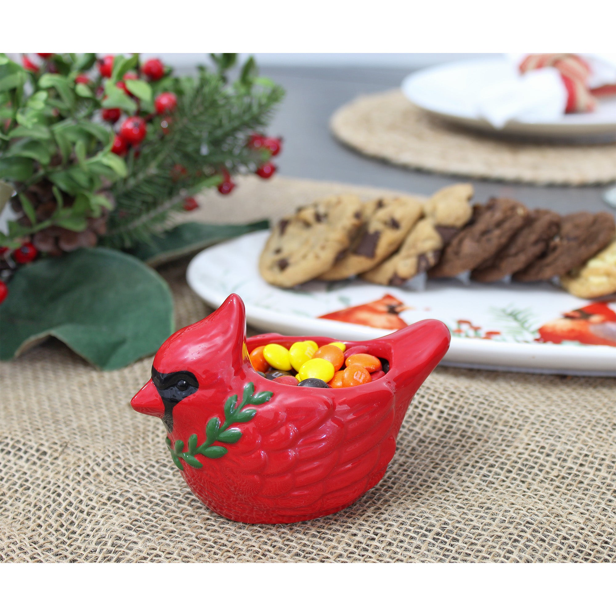 AuldHome Christmas Cardinal Candy Dish (Ceramic); Decorative Red Holiday Mini Serving Bowl