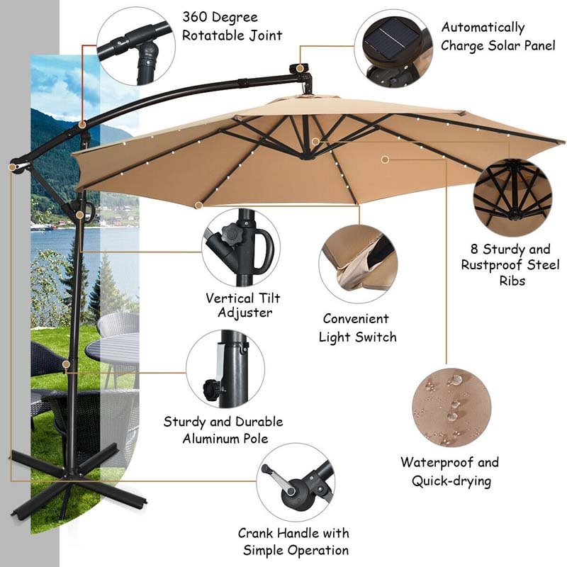 10 FT Patio Offset Umbrella with Solar Lights 360° Rotation Outdoor Market Umbrella with Crank Handle & Cross Base