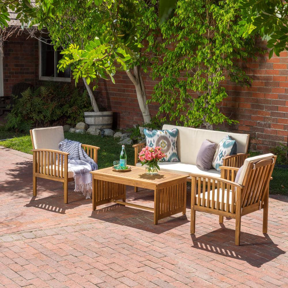 Noble House Carolina Brown 4Piece Wood Patio Conversation Set with Beige Cushions