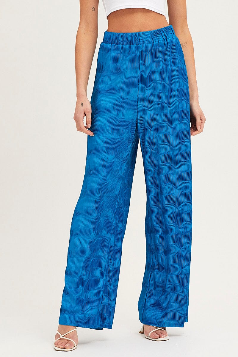 Blue Plisse Pants Wide Leg High Rise