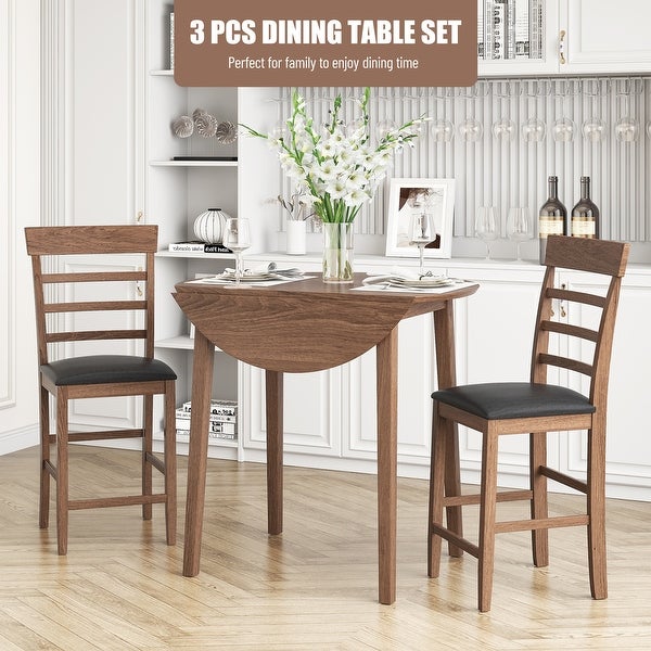 3-Piece Round Counter Height Drop-Leaf Table with 2 Upholstered Chairs， Dining Table Set Pub Set with PU leather Cushion