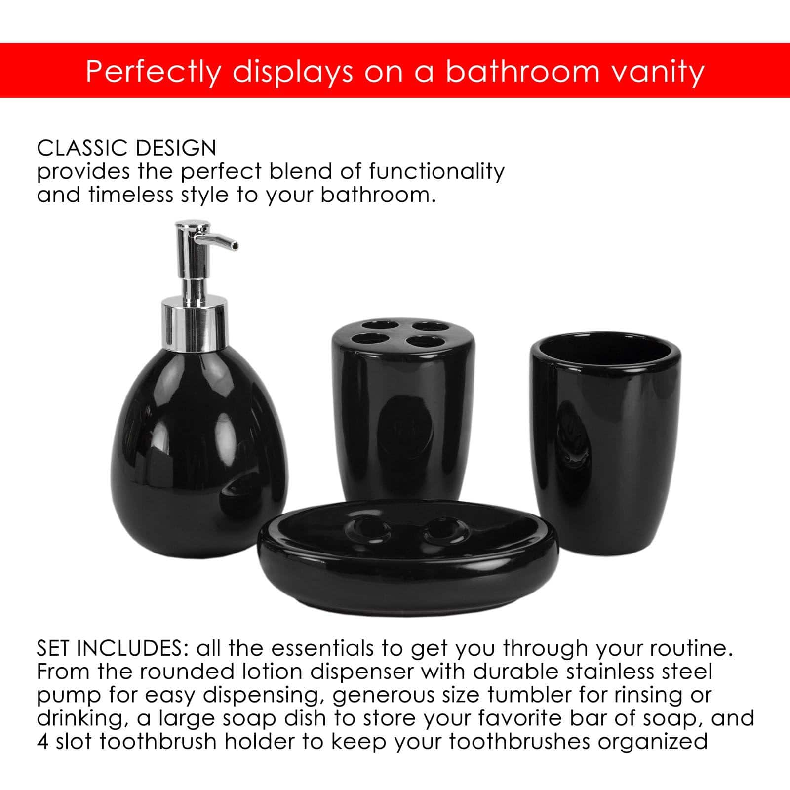 Home Basics Black Ceramic 4 Piece Bath Accessory Set