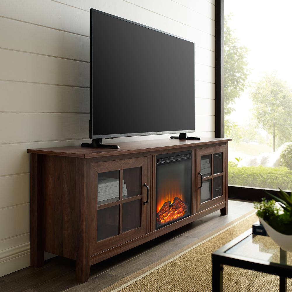 Walker Edison Furniture Company Simple 70 in. Dark Walnut 2-Door TV Stand with Electric Fireplace (Max tv size 75 in.) HD70FPSCDW