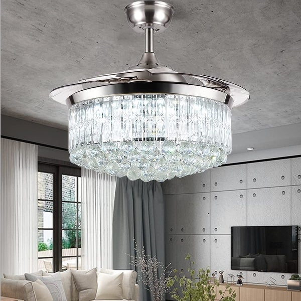 Crystal Ceiling Fan with Light Remote Control Chandelier Retractable Fandelier， Luxury 3 Color Lighting for Dining Room Shopping - The Best Deals on Ceiling Fans | 41540798