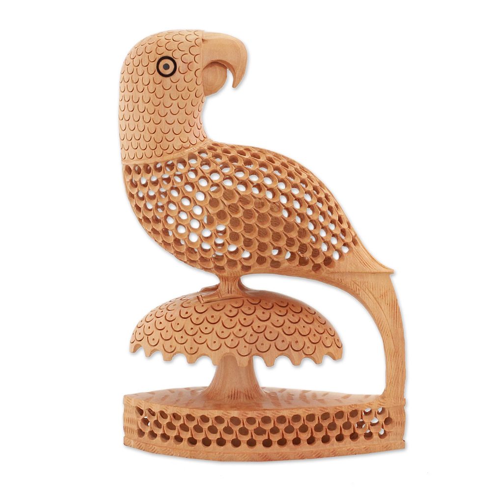 Handcrafted Kadam Wood 'Perky Parrots' Statuette (India)   8.25\