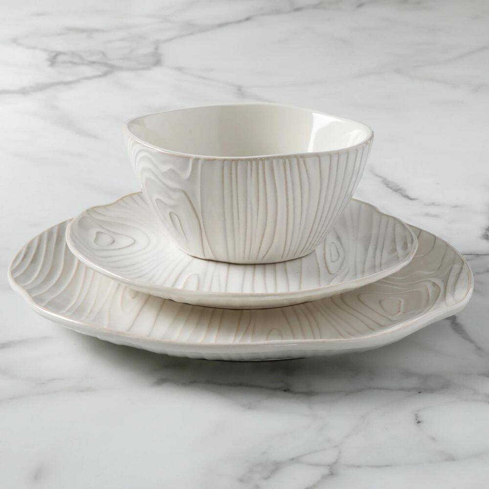 MARTHA STEWART Faux Bois 12-Piece Stoneware Dinnerware Set in White 985118778M