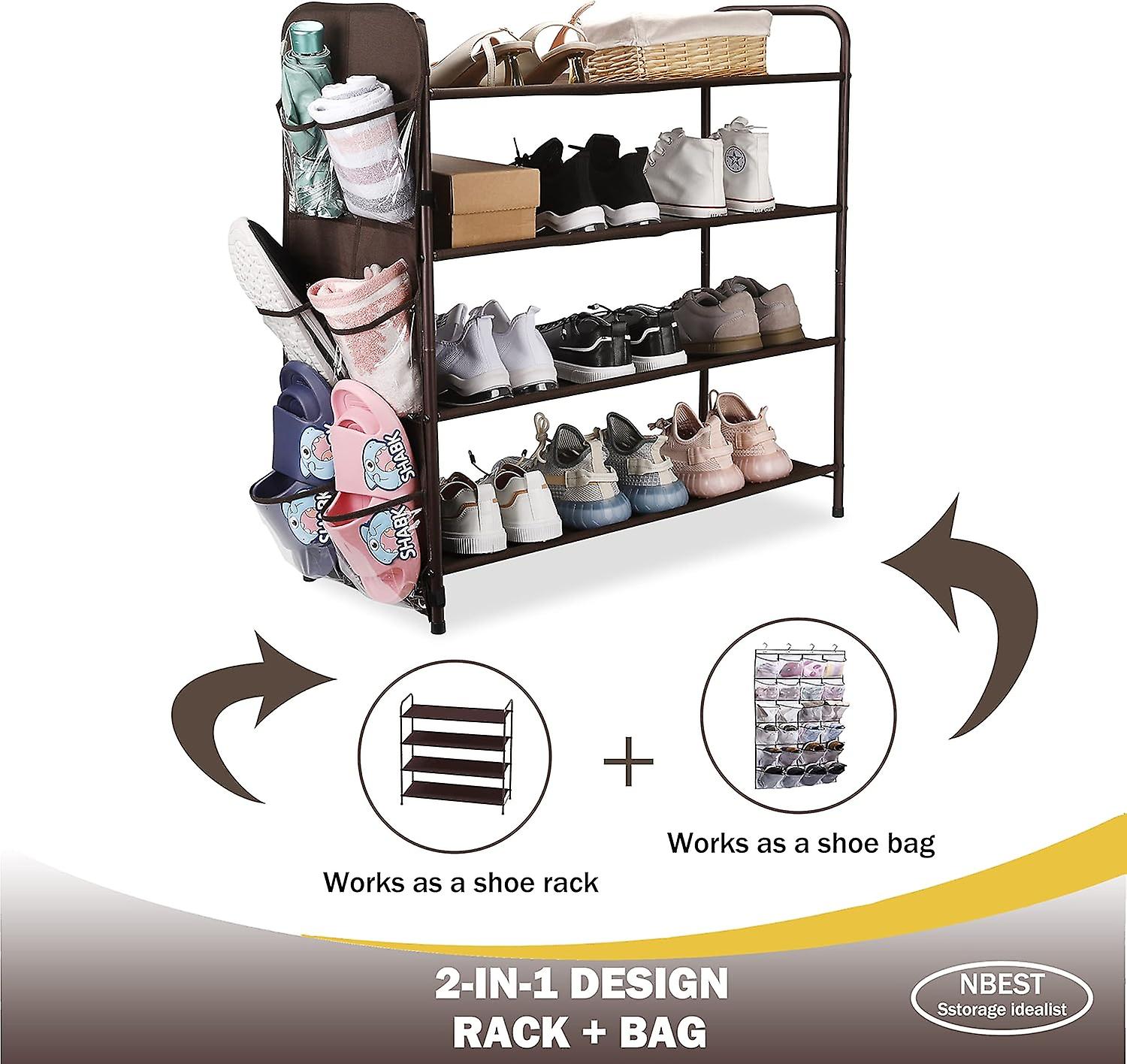 Nbest Shoe Rack Storage Organiser 4 Tier Metal Shoe Shelf Compact Shoe Organiser With Side Bag For Entryway Closet Bedroom，bronze W12787548