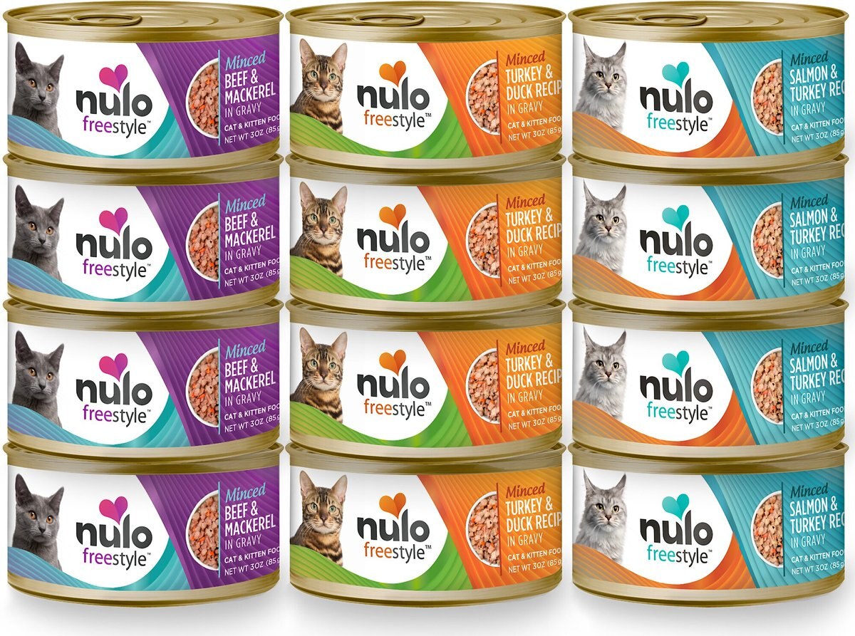 Nulo Freestyle Minced Salmon and Turkey， Minced Beef and Mackerel， Minced Turkey and Duck Grain-Free Variety Pack Canned Cat Food